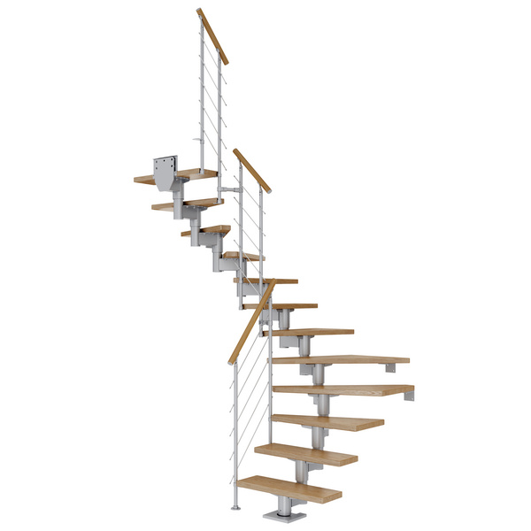 Mittelholmtreppe Cork + Edelstahlgeländer, 12 Stufen Eiche 75cm Treppenl 1/2gewend. Metallkomp perlgrau