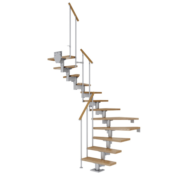 Mittelholmtreppe Cork + Edelstahlgeländer, 11 Stufen Eiche 75cm Treppenl 1/2gewend. Metallkomp perlgrau
