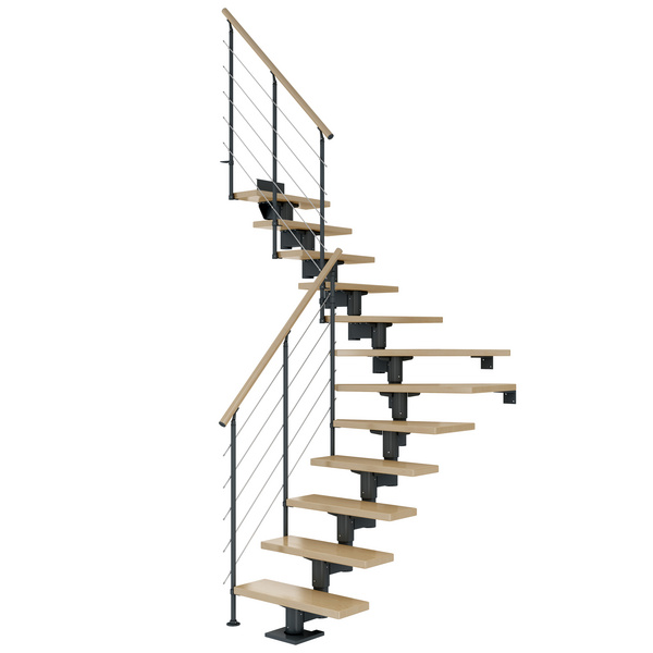 Mittelholmtreppe Cork + Edelstahlgeländer, 14 Stufen Ahorn, 75cm Treppenl 1/4gewend. Metallkomp anthrazit