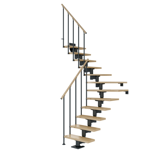Mittelholmtreppe Cork + Einzelstabgel., 11 Stufen Ahorn, 75cm Treppenl 1/4gewend. Metallkomp anthrazit