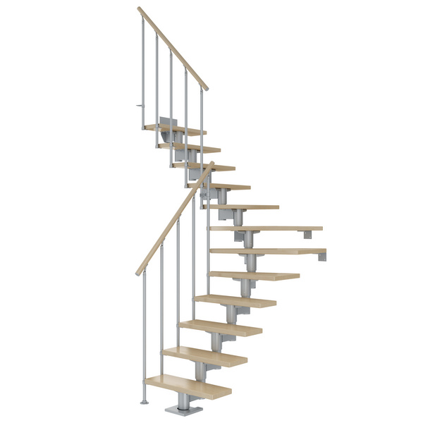 Mittelholmtreppe Cork + Edelstahlgeländer, 14 Stufen Ahorn, 75cm Treppenl 1/4gewend. Metallkomp perlgrau