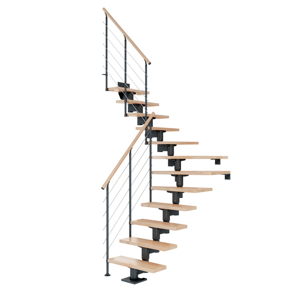 Mittelholmtreppe Cork + Edelstahlgeländer, 14 Stufen Buche 75cm Treppenl 1/4gewend. Metallkomp anthrazit
