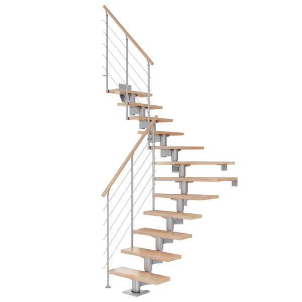 Mittelholmtreppe Cork + Edelstahlgeländer, 14 Stufen Buche 75cm Treppenl 1/4gewend. Metallkomp perlgrau