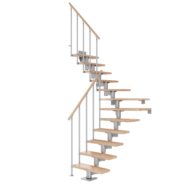Mittelholmtreppe Cork + Einzelstabgel., 14 Stufen Buche 75cm Treppenl 1/4gewend. Metallkomp perlgrau