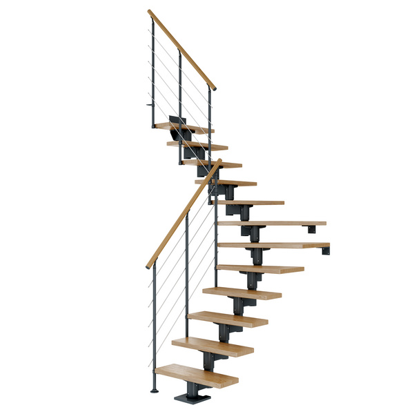 Mittelholmtreppe Cork + Edelstahlgeländer, 12 Stufen Eiche 75cm Treppenl 1/4gewend. Metallkomp anthrazit
