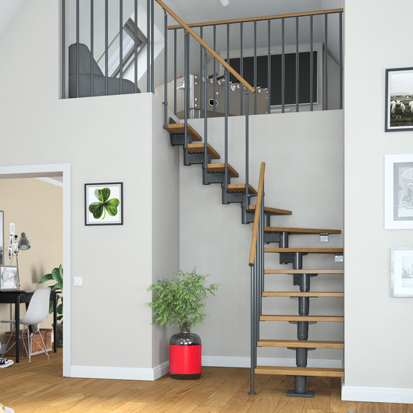 Mittelholmtreppe Cork + Einzelstabgel., 13 Stufen Eiche 75cm Treppenl 1/4gewend. Metallkomp anthrazit