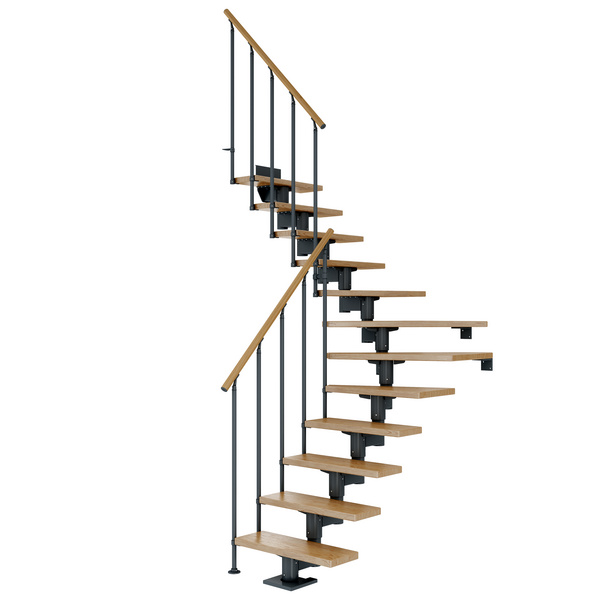 Mittelholmtreppe Cork + Einzelstabgel., 13 Stufen Eiche 75cm Treppenl 1/4gewend. Metallkomp anthrazit