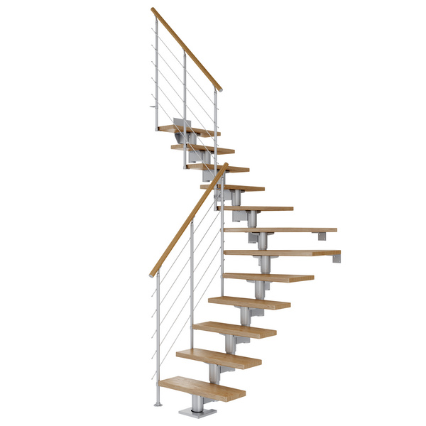 Mittelholmtreppe Cork + Edelstahlgeländer, 12 Stufen Eiche 75cm Treppenl 1/4gewend. Metallkomp perlgrau