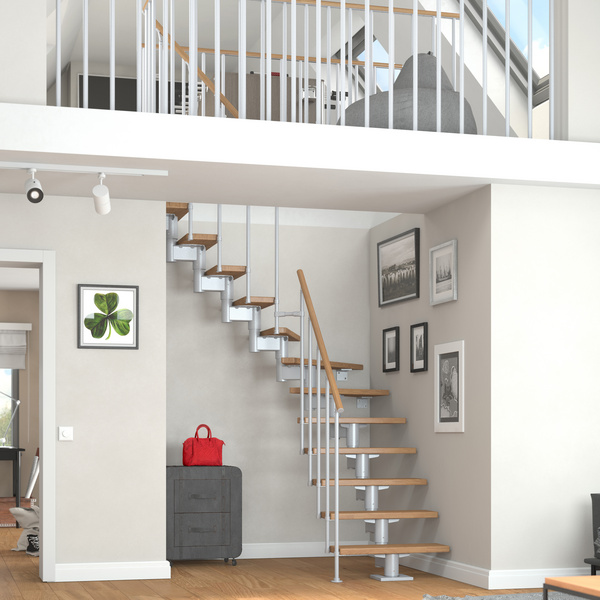 Mittelholmtreppe Cork + Einzelstabgel., 13 Stufen Eiche 75cm Treppenl 1/4gewend. Metallkomp perlgrau