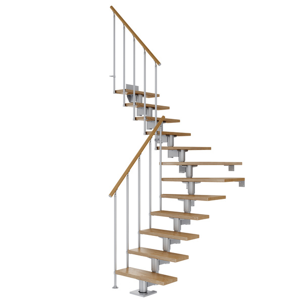 Mittelholmtreppe Cork + Einzelstabgel., 13 Stufen Eiche 75cm Treppenl 1/4gewend. Metallkomp perlgrau
