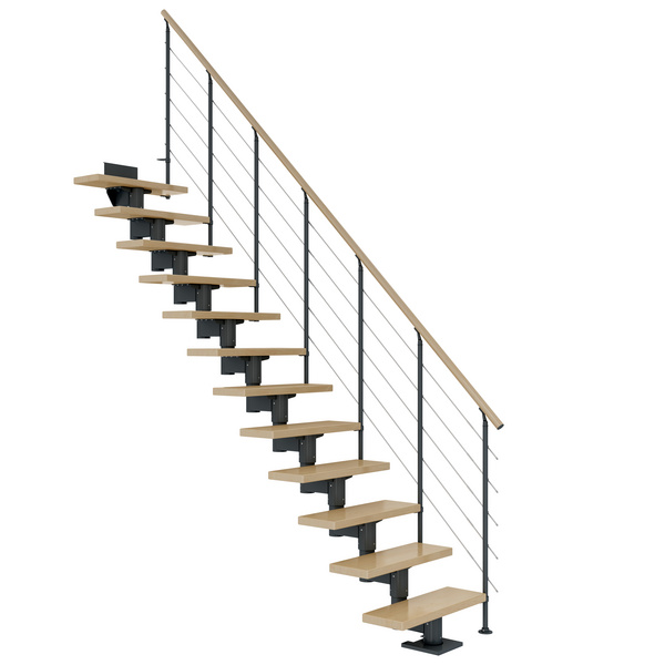 Mittelholmtreppe Cork + Edelstahlgeländer, 14 Stufen Ahorn, 75cm Treppenl gerade Metallkomp anthrazit
