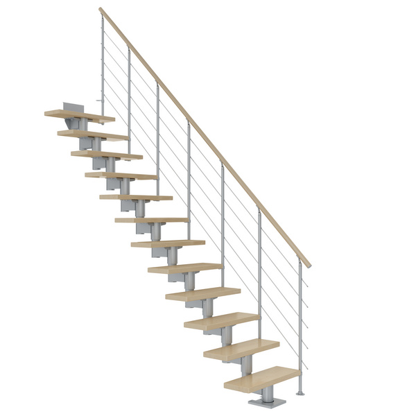 Mittelholmtreppe Cork + Edelstahlgeländer, 14 Stufen Ahorn, 75cm Treppenl gerade Metallkomp perlgrau