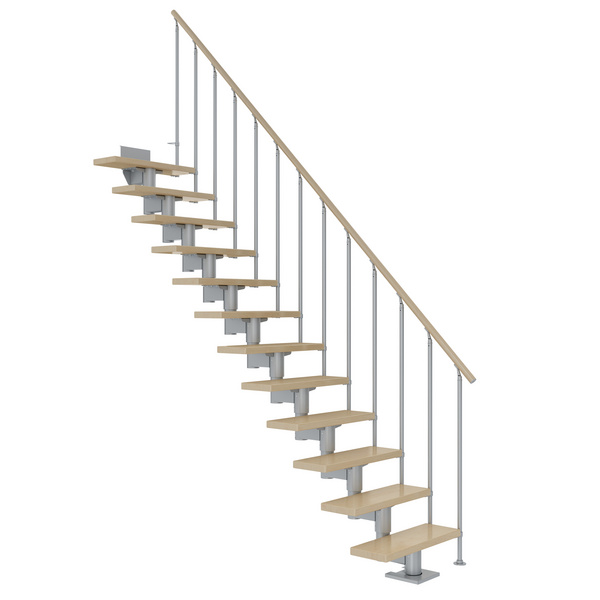 Mittelholmtreppe Cork + Einzelstabgel., 11 Stufen Ahorn, 75cm Treppenl gerade Metallkomp perlgrau