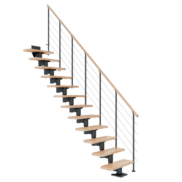 Mittelholmtreppe Cork + Edelstahlgeländer, 14 Stufen Buche 75cm Treppenl gerade Metallkomp anthrazit