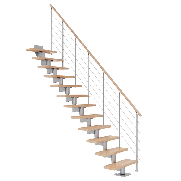 Mittelholmtreppe Cork + Edelstahlgeländer, 14 Stufen Buche 75cm Treppenl gerade Metallkomp perlgrau