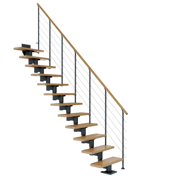 Mittelholmtreppe Cork + Edelstahlgeländer, 13 Stufen Eiche 75cm Treppenl gerade Metallkomp anthrazit