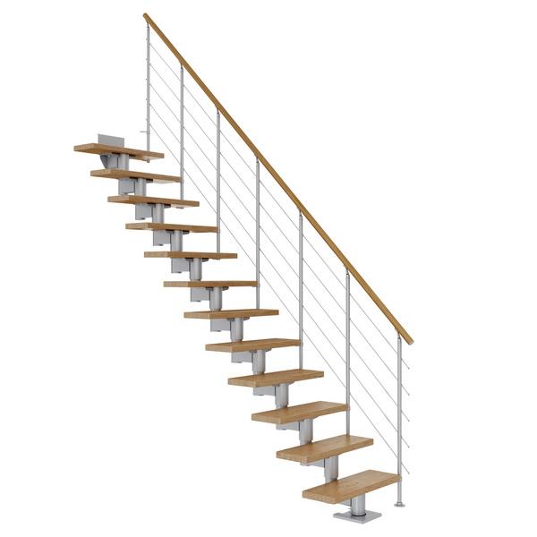 Mittelholmtreppe Cork + Edelstahlgeländer, 13 Stufen Eiche 75cm Treppenl gerade Metallkomp perlgrau