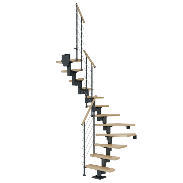 Mittelholmtreppe Dublin + Edelstahlgeländer, 11 Stufen, Ahorn 65cm Treppenl 1/2gewend. Metallkomp anthrazit