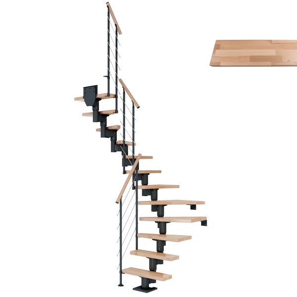 Mittelholmtreppe Dublin + Edelstahlgeländer, 11 Stufen, Buche 65cm Treppenl 1/2gewend. Metallkomp anthrazit
