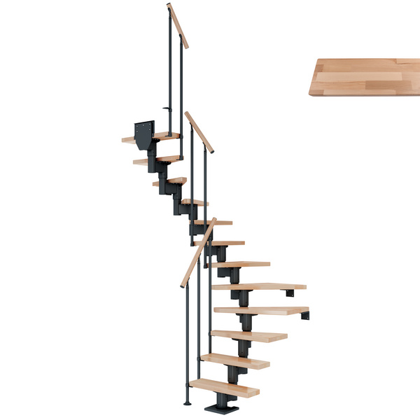 Mittelholmtreppe Dublin + Einzelstabgel., 12 Stufen, Buche 65cm Treppenl 1/2gewend. Metallkomp anthrazit
