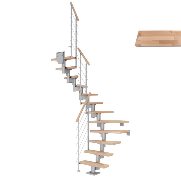 Mittelholmtreppe Dublin + Edelstahlgeländer, 11 Stufen, Buche 65cm Treppenl 1/2gewend. Metallkomp perlgrau