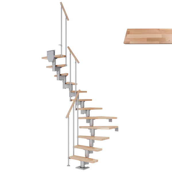 Mittelholmtreppe Dublin + Einzelstabgel., 11 Stufen, Buche 65cm Treppenl 1/2gewend. Metallkomp perlgrau