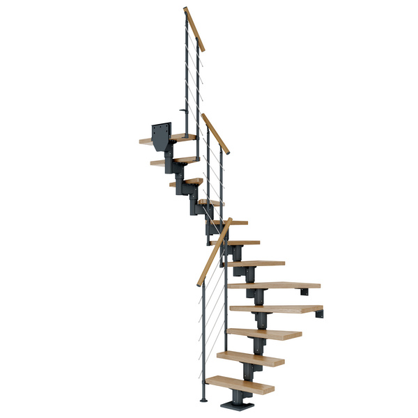 Mittelholmtreppe Dublin + Edelstahlgeländer, 14 Stufen, Eiche 75cm Treppenl 1/2gewend. Metallkomp anthrazit