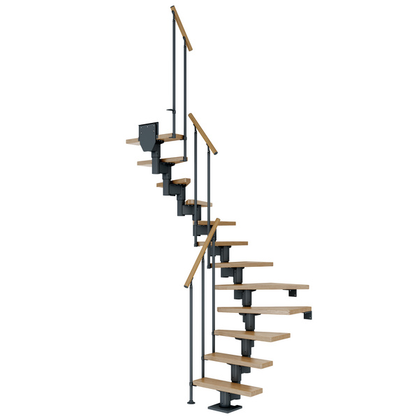 Mittelholmtreppe Dublin + Einzelstabgel., 11 Stufen, Eiche 65cm Treppenl 1/2gewend. Metallkomp anthrazit