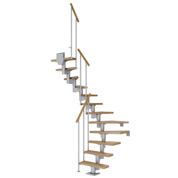 Mittelholmtreppe Dublin + Einzelstabgel., 11 Stufen, Eiche 65cm Treppenl 1/2gewend. Metallkomp perlgrau