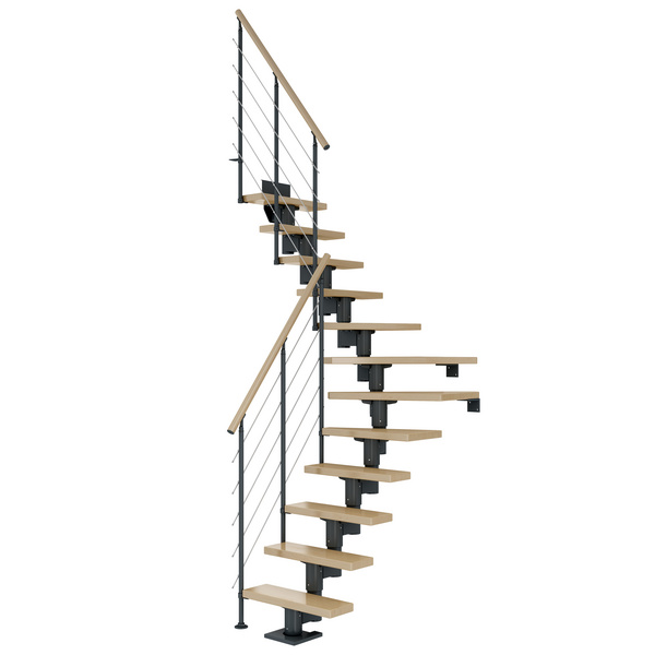 Mittelholmtreppe Dublin + Edelstahlgeländer, 11 Stufen, Ahorn 65cm Treppenl 1/4gewend. Metallkomp anthrazit