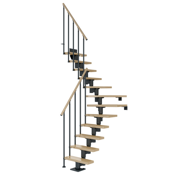 Mittelholmtreppe Dublin + Einzelstabgel., 12 Stufen, Ahorn 65cm Treppenl 1/4gewend. Metallkomp anthrazit
