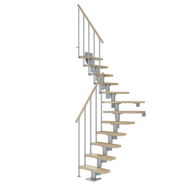 Mittelholmtreppe Dublin + Einzelstabgel., 11 Stufen, Ahorn 65cm Treppenl 1/4gewend. Metallkomp perlgrau
