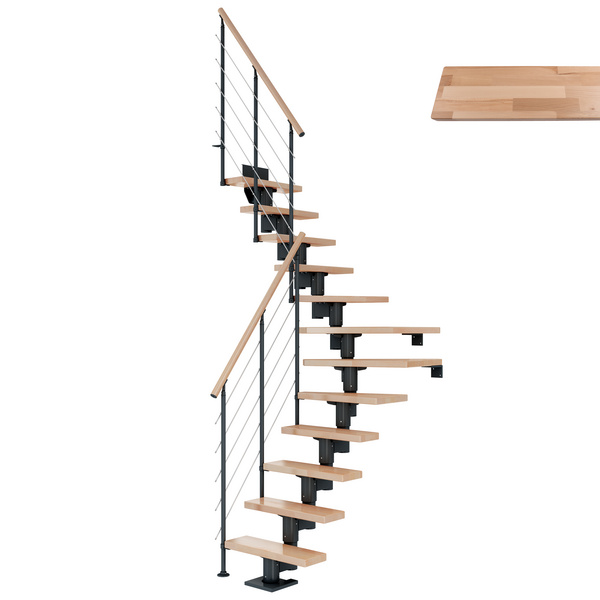 Mittelholmtreppe Dublin + Edelstahlgeländer, 12 Stufen, Buche 65cm Treppenl 1/4gewend. Metallkomp anthrazit