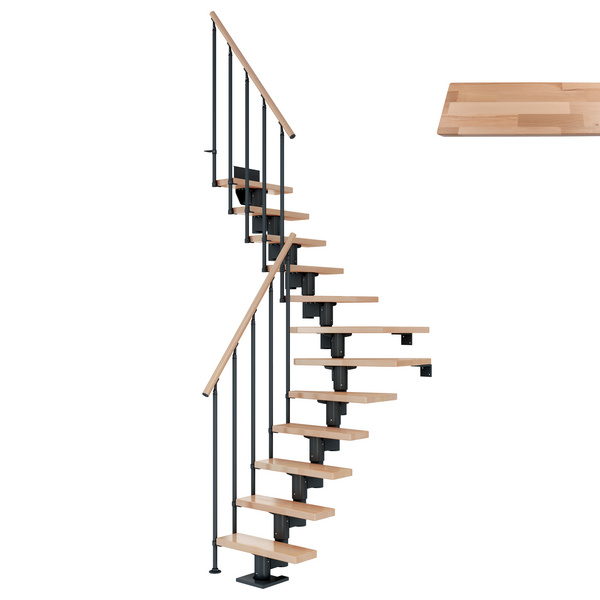 Mittelholmtreppe Dublin + Einzelstabgel., 11 Stufen, Buche 65cm Treppenl 1/4gewend. Metallkomp anthrazit