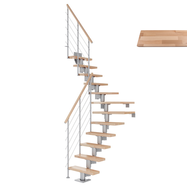 Mittelholmtreppe Dublin + Edelstahlgeländer, 12 Stufen, Buche 65cm Treppenl 1/4gewend. Metallkomp perlgrau