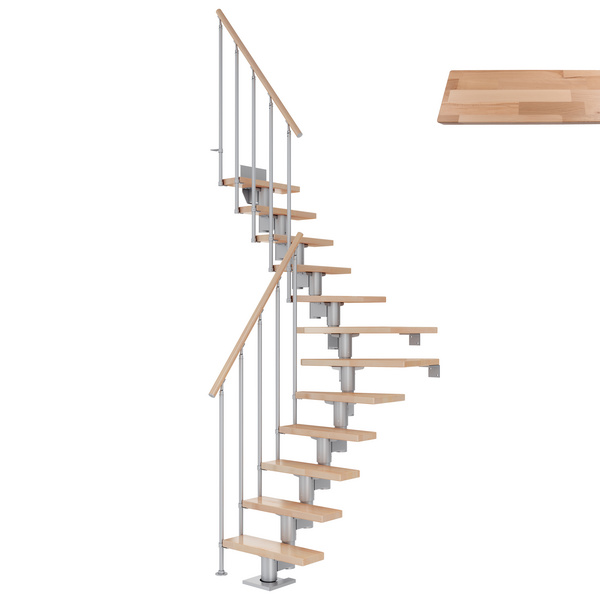 Mittelholmtreppe Dublin + Einzelstabgel., 13 Stufen, Buche 65cm Treppenl 1/4gewend. Metallkomp perlgrau