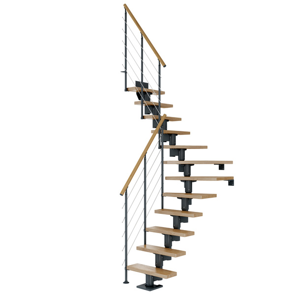 Mittelholmtreppe Dublin + Edelstahlgeländer, 12 Stufen, Eiche 65cm Treppenl 1/4gewend. Metallkomp anthrazit