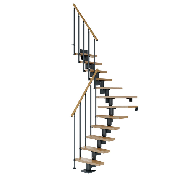 Mittelholmtreppe Dublin + Einzelstabgel., 11 Stufen, Eiche 65cm Treppenl 1/4gewend. Metallkomp anthrazit