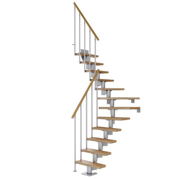 Mittelholmtreppe Dublin + Einzelstabgel., 12 Stufen, Eiche 65cm Treppenl 1/4gewend. Metallkomp perlgrau
