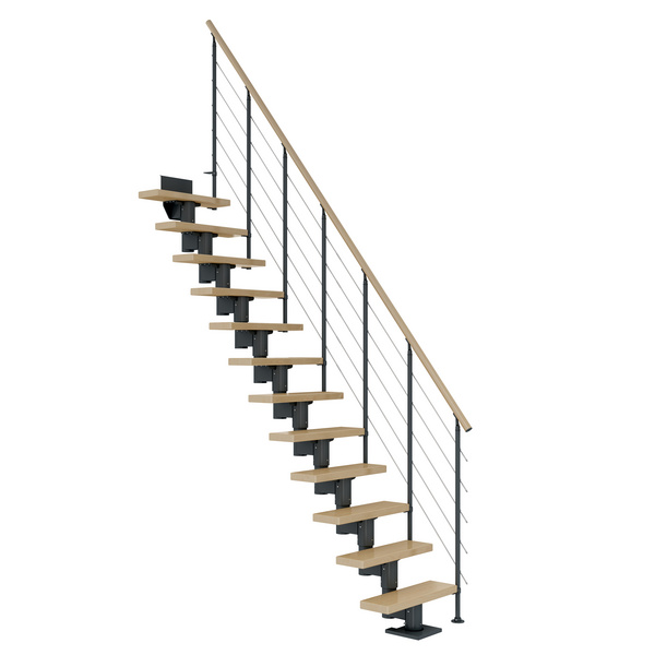 Mittelholmtreppe Dublin + Edelstahlgeländer, 12 Stufen, Ahorn 65cm Treppenl gerade Metallkomp anthrazit