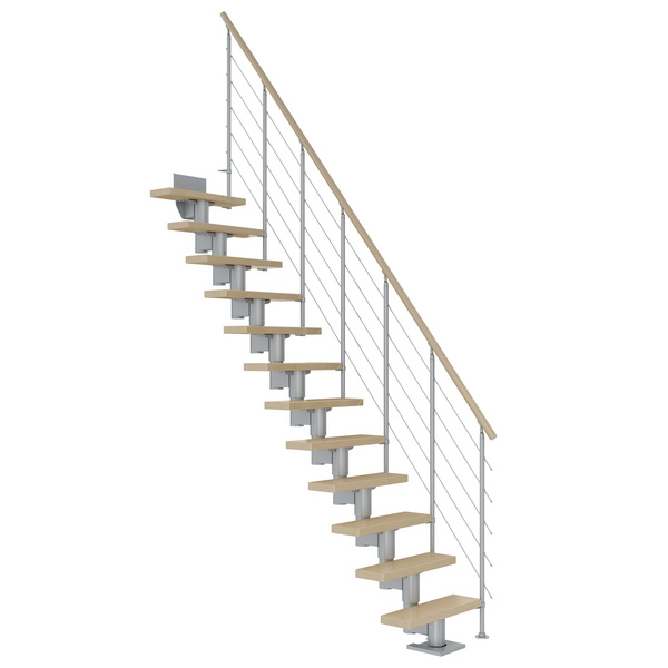 Mittelholmtreppe Dublin + Edelstahlgeländer, 12 Stufen, Ahorn 65cm Treppenl gerade Metallkomp perlgrau