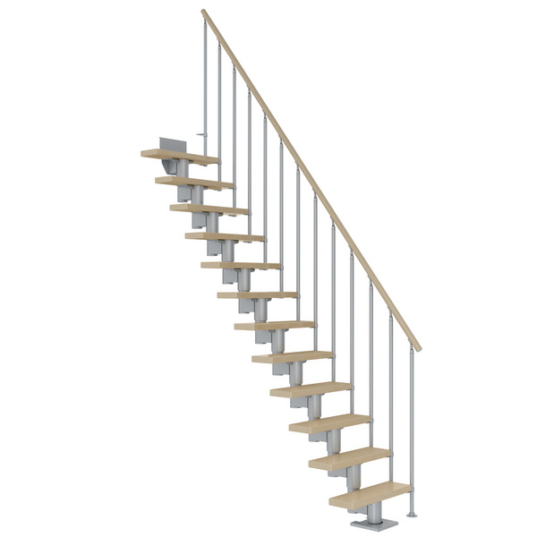 Mittelholmtreppe Dublin + Einzelstabgel., 12 Stufen, Ahorn 65cm Treppenl gerade Metallkomp perlgrau