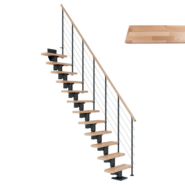 Mittelholmtreppe Dublin + Edelstahlgeländer, 11 Stufen, Buche 75cm Treppenl gerade Metallkomp anthrazit