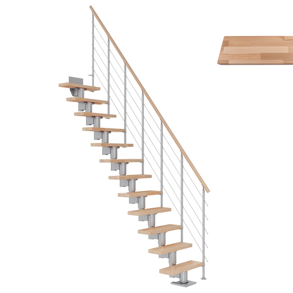 Mittelholmtreppe Dublin + Edelstahlgeländer, 11 Stufen, Buche 65cm Treppenl gerade Metallkomp perlgrau