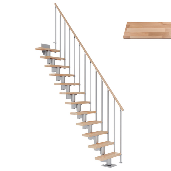 Mittelholmtreppe Dublin + Einzelstabgel., 11 Stufen, Buche 65cm Treppenl gerade Metallkomp perlgrau