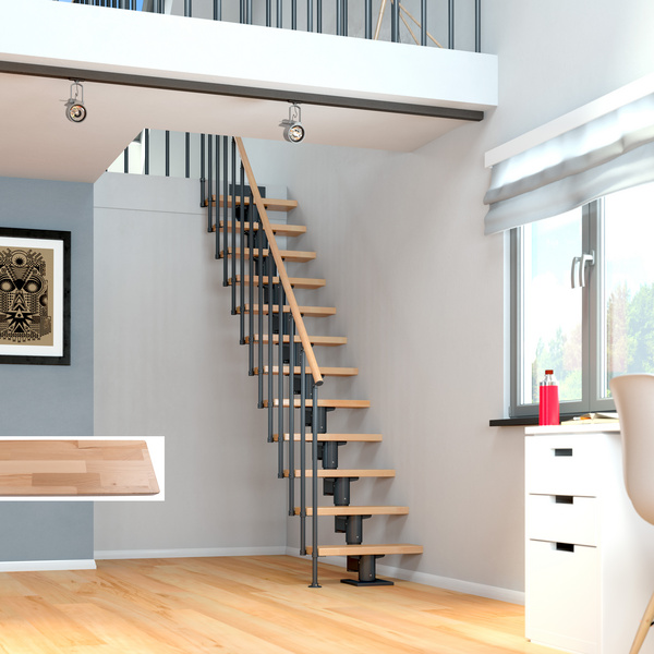 Mittelholmtreppe Dublin + Einzelstabgel., 11 Stufen, Buche 65cm Treppenl gerade Metallkomp anthrazit