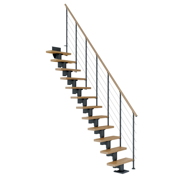 Mittelholmtreppe Dublin + Edelstahlgeländer, 11 Stufen, Eiche 65cm Treppenl gerade Metallkomp anthrazit