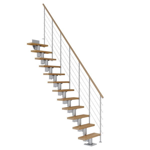 Mittelholmtreppe Dublin + Edelstahlgeländer, 11 Stufen, Eiche 65cm Treppenl gerade Metallkomp perlgrau