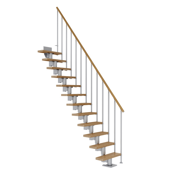 Mittelholmtreppe Dublin + Einzelstabgel., 11 Stufen, Eiche 65cm Treppenl gerade Metallkomp perlgrau