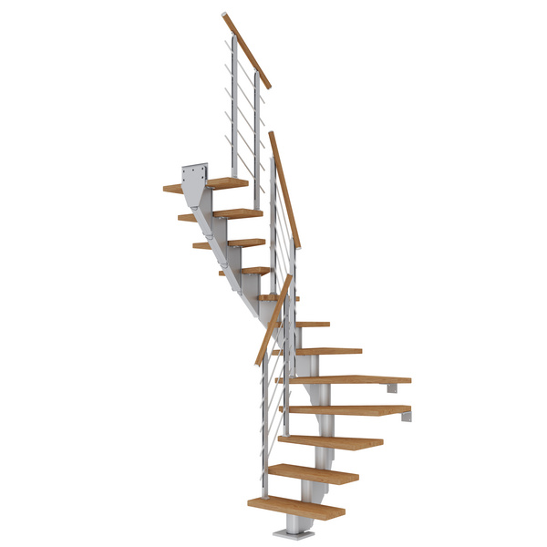 Mittelholmtreppe Frankfurt + Designgel, 65cm Treppenl 1/2 gew. 11 Stufen Eiche geölt, Metallkomp perlgrau